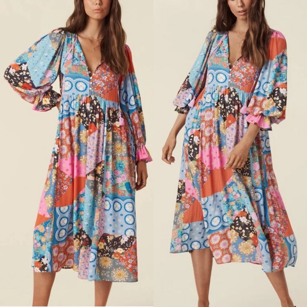 Spell Cha Cha Boho Patchwork Print Peasant Midi D… - image 3